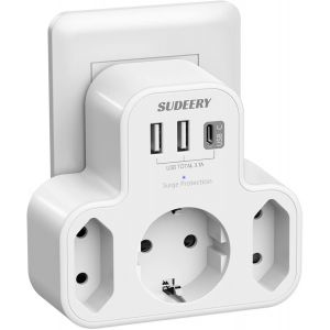 KALANKA-Prise USB Secteur Multiple, Prise Multiple 6 en 1 avec 2 USB et 1 Port Type-C(2 Prises Euro et 1 Schuko), pour la Maison Le Bureau Les Voyages Compatible avec Phone, Blanc - Neuf