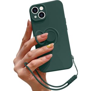 Kal-Coque Pour Iphone 14 Plus En Silicone Liquide Avec Anneau De Support,Support Magnétique Pour Voiture,Dragonne Amovible,Résistante Aux Chocs,Coque De Protection-Vert Noirâtre - Neuf