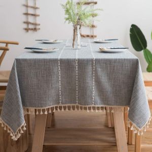 Nappe Rectangulaire Anti Tache Coton Lin Table Cloth Impermeable Nappe Avec Tassel Nappes Tissu Vintage Pour Table De Cuisine Decoration Table Basse(Gris Ray&eacute;e, 140 X 260 Cm) - Neuf
