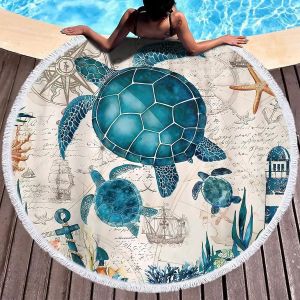 Serviette De Plage Ronde,Serviette Avec Pompons 150 Cm,Xxl Tortue Microfiber Towel Pour La Plage,Les Pique-Niques,Les Activités De Plein Air,Décoration Intérieure - Neuf