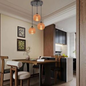 3 Lampes Suspension Industriel Lustre Vintage Abat-Jour En Métal Et Rotin Luminaire Plafonnier Rétro E27 Lampe Suspendue Pour Restaurant Salon Chambre - Neuf