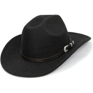 Cauc-Chapeau De Cowboy Western En Feutre Noir Avec Boucle De Ceinture - Chapeau Fedora &Agrave; Large Bord Enroulable - Casquette De Cowgirl Jazz Pour Homme Et Femme - Neuf