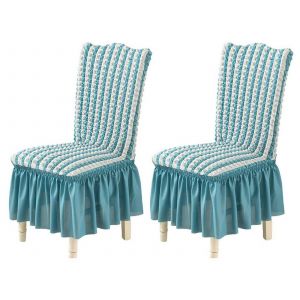 Housse de chaise de salle &agrave; manger en tissu doux avec jupe en dentelle - Bleue, amovible - Neuf