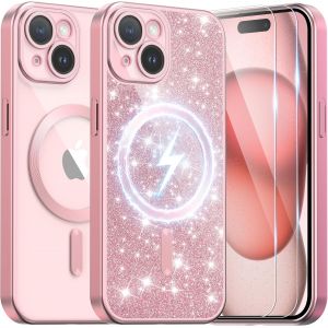 KALANKA-Magn&eacute;tique Coque pour iPhone 15 avec 2&times;Verre Tremp&eacute; [Compatible avec Magsafe] [Carte &agrave; Paillettes et dragonne] Coque Transparente Silicone Mat Cover pour iPhone 15 Titan Rose - Neuf