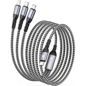 TRAHOO-100W C&acirc;ble Chargeur Multi Embout USB C [2M] Cable Multi USB vers USB C[100W]+Lightning[27W]+Micro[10W] pour iPhone 16/15/14, Galaxy S24/S23, Pad Pro/Mini, MacBook Pro/Air - Neuf