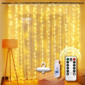 Kal-Guirlande Lumineuse Rideau, 3m*3m Rideau Lumineux 300 Led 8 Modes D'éclairage Rideau De Lumière Usb Blanc Chaud Pour Décoration De Noël Intérieur Extérieur Fenêtre Fête Mariage Anniversaire - Neuf