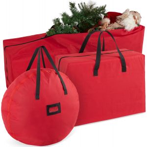 Jexnovashop-Rangement Pour D&eacute;corations De No&euml;l - Boite Avec S&eacute;parateurs Pour Boules, Grand Sac Pour Sapin, Sac Pour Couronne Et Guirlande (Rouge, Lot 3 Pi&egrave;ces) - Neuf