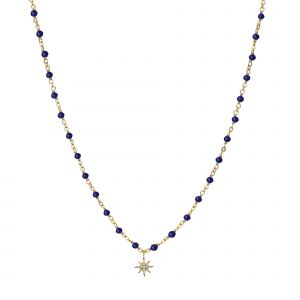 Collier Argent Dor&eacute; &Eacute;toile En Zirconium Blanc Et Pierres Lapis - Neuf
