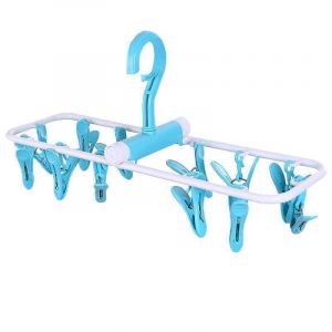 Cintre avec 12 pinces, petit cintre portable pliable, crochet rotatif à 360 °, pour sécher serviettes, soutiens-gorge, vêtements de bébé, gants, plastique (bleu) - Neuf