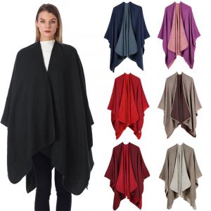 Les Femmes De Bloc De Couleur Ch&acirc;le Wrap Ouvert Sur Le Devant Poncho Cape-Noir - Neuf