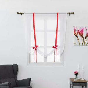 1 Pièce Store Romain Translucide Tulle Rideaux Voilages Vertical Poche De Tige Pour Chambre Cuisine Salon, Rubans Rouge, Largeur 80cm X Hauteur 120cm - Neuf