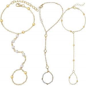 Kalsw-3 Pcs Bracelets Bague Chaines De Main,Chaines De Main,Cha&icirc;ne De Main En Or Avec Anneau,Bracelet Plage Bague Main Cha&icirc;ne Bracelet Bijoux Pour Femmes Et Filles Cadeaux - Neuf