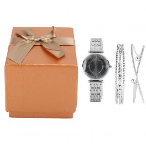 Coffret Montre-Bracelet Pour Femme, Bijoux Tendance, Cadeau Ideal Pour Une Fete, Un Anniversaire, Argent Et Noir - Neuf