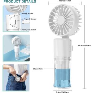 Ventilateur brumisateur portable multifonction pour mini ventilateur portable 1500 mAh 4 vitesses r&eacute;glables, convient pour les femmes, la maison, le bureau, les voyages (blanc) - Neuf