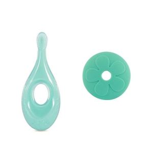 Brosse À Dents Bébé En Silicone-2 En 1 Cheveux Doux,Manche Court,Protège-Cou-Vert Vert - Neuf