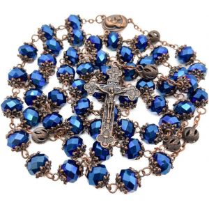 Trahoo-Store Notre Père Collier De Chapelet De Perles De Cristal Bleu Profond Médaille Du Sol Saint De Jérusalem Et Croix Crucifix Design Antique Dans Un Sac De Velours - Neuf