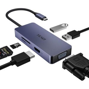 TTA-Hub USB C, Adaptateur USB-C 6 en 1, avec 1 Port HDMI, 1 Port VGA, 2 Ports USB, Lecteur de Carte SD/TF, idéal pour Ordinateur Portable, Smartphone, Tablette, XPS et Autres appareils USB-C - Neuf