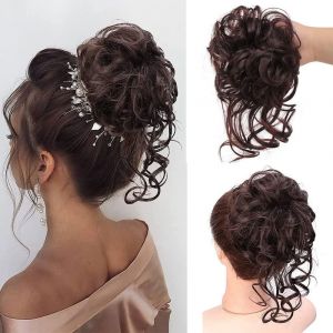 Grand Chignon, Chouchou Avec Cheveux, Postiche Boucl&eacute;e Avec Bande &Eacute;lastique, Pour Femmes Et Filles (M&eacute;lange De Marron Clair 12/24) - Neuf