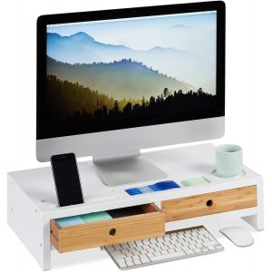 Support Moniteur Bambou, Rehausseur Écran 2 Tiroirs Compartiments, Support Hlp 14 X 60 X 30 Cm, Blanc/Nature - Neuf