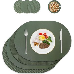 ERYI-Lot De 4 Sets De Table Et Dessous De Verre En Cuir Lavables - Décoration De Table Ronde Et Ovale - Vert - Neuf
