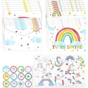 Trahoo-12 Cartes Invitations Arc-En-Ciel En Français, Invitation Anniversaire Fille Garçon Avec Enveloppes Et Autocollants, 5 Tatouages, Invitations De Fête D'anniversaire Soirée D`Enfants Filles - Neuf