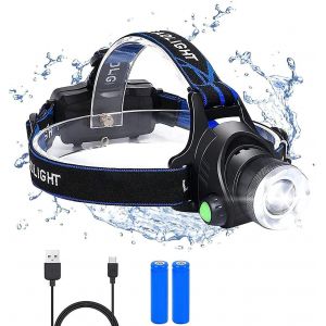 Lampe Frontale Led Rechargeable 1200 Lm, Étanche Ip64, Zoomable, 3 Modes, Câble Usb, 2 Piles 18650, Voyant Lumineux Pour Camping, Pêche, Vélo, Randonnée, Casque 5 Boucles [Classe Énergétique A+++] - Neuf