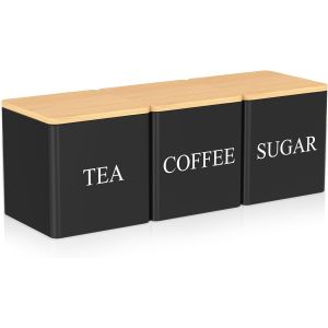 Cmws-Lot De 3 Boîtes À Thé, Sucre, Café Avec Couvercles En Bambou - Grande Capacité - Boîtes Hermétiques Pour Économiser De L'espace (Noir) - Neuf