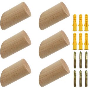 Lot De 6 Crochets Muraux En Bois De H&ecirc;tre 3X6Cm Chambre Patere Murale Manteau - Porte Chapeau Mural Rond Bois Pour Suspendre Manteaux Serviettes Chapeaux Sacs - Charge Maximale 15Kg - Neuf