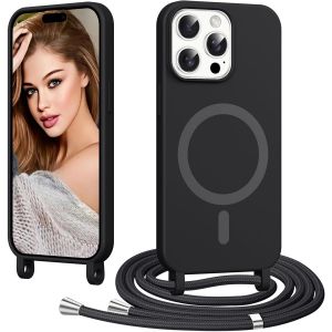 KALANKA-pour iPhone 14 Pro avec Cordon, [Compatible avec MagSafe] Magn&eacute;tique Coque Ultra Mince Souple TPU Silicone &Eacute;tui Housse avec Collier Lanyard Lani&egrave;re en Corde Case Camera Antichoc, Noir - Neuf