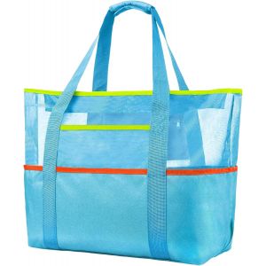 nzqaf-Grand Sac de Plage Femme XXL 30L - Sac Cabas Pliable en Nylon Oxford Résistant avec 9 Poches Organisées, Imperméable pour Plage/Piscine/Voyage/Yoga - Neuf