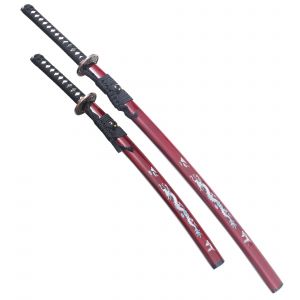 Pack Danzan Katana et Wakizashi en Bois Katana Japonais Sabre Epee Katana Dragon Rouge D&eacute;coration - Neuf