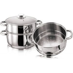 JEXNOVASHOP-Prima Kitchen Cuiseur vapeur 22 cm avec couvercle en verre et poign&eacute;es en acier inoxydable 3 &eacute;tages Fond capsul&eacute; Prima Kitchen Home Cook Chef Healthy Veg Cooking Cadeaux de pendaison de c - Neuf