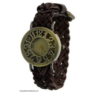 Montre R&eacute;tro / Vintage - Style Hippie Chic Boh&egrave;me - Boitier Laiton Cuivr&eacute; &Oslash; 36 Mm - Bracelet Cuir Tress&eacute; Noir - Neuf