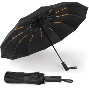 Parapluie Pliable Coupe-Vent 12 Baleines Renforc&eacute;es Pour Homme Et Femme, Compact, L&eacute;ger, Ouverture Et Fermeture Automatiques, Parapluie Avec Rev&ecirc;tement En T&eacute;flon, Noir-12 Baleines - Neuf