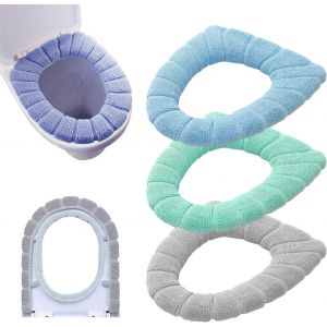 Lot de 3 (bleu, rose, gris) prot&egrave;ge-si&egrave;ges de toilette en tissu doux, &eacute;pais, chaud, extensible et lavable (bleu, rose, gris) - Neuf