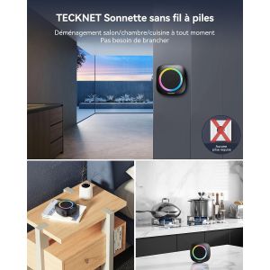 KALANKA-Sonnette sans Fil Exterieur Etanche, 400M IP66 &Eacute;tanche Sonnette sans Fil avec Pile, 3 R&eacute;cepteur avec Lumi&egrave;re RVB, 60 M&eacute;lodies et 5 Niveaux, Carillon sans Fil pour Maison, H&ocirc;tel, Urgence, Noir - Neuf