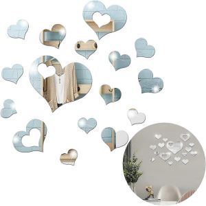 16 Pièces Miroir Acrylique Miroir Mural Adhésif Autocollant Coeur Autocollant Miroir Argenté Autocollant Mural Miroir Mural Autocollant Acrylique Miroir Mural Autocollants Muraux Pour - Neuf