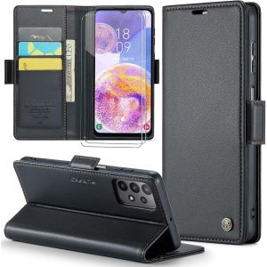 Kal-Coque Pour Samsung Galaxy A23+ 2 Pièces Verre Trempé,Antivol,Prend En Charge Le Chargement Sans Fil, Pochette Fermeture Magnétique Flip Case- Noir - Neuf