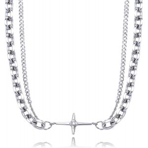 Tianyi-Collier Homme Chaine Acier Inoxydable Chaine Cubaine Pendentif Homme Argent Bijoux Homme Cadeau Anniversaire Homme Two Layer Necklace - Neuf