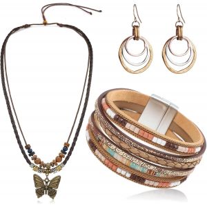 Boh&egrave;me Bijoux Pour Femme, Boho Bracelet En Cuir Multicouche, Collier De Vintage Papillon Pendentif Bois Perle, Boucles D'oreilles Pendantes Rondes Ethniques, Ensemble De Bijoux Occidentaux - Neuf