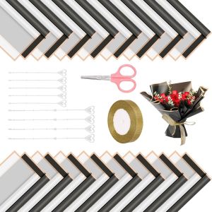 Kalanka-40 Feuilles D'or Bord&eacute; Blanc Et Noir Fleurs Papier D'emballage Avec Arrangement Floral Carte Clip Ruban Rouleau Et Ciseaux Kit, Fleuriste Fournitures Mariage Cadeau D'anniversaire Bouquet - Neuf