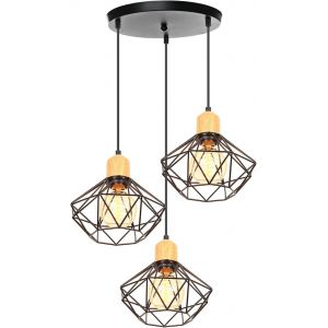 Kal-Suspension Luminaire 3 Lampes Industrielle Lustre Plafonnier Interieur Vintage Plafond Abat-Jour Bois Et Métal 220mm Lampe E27 Corde Ajustable Pour Salon Cuisine - Neuf