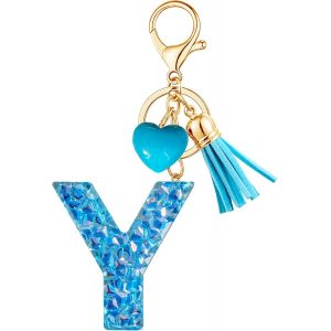 KAL-Porte-Cl&eacute;s Bleu Avec Lettre Porte-Cl&eacute;s Fille Initiale Cadeau Femmes Porte-Cl&eacute;s Coeur D&eacute;corer Pour Sac Sac &Agrave; Dos Porte-Clef Gland Or Porte-Clef Femme A-Z - Neuf