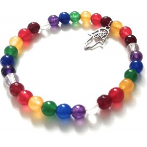 Kal-Bracelet Chakras Avec Main De Fatima Pendentif - Bracelet Énergie De La Chance., Verre Coloré - Neuf