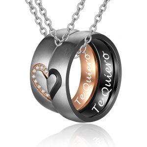 Collier Pour Couple Avec Anneau Et Pendentif En Acier Inoxydable - Puzzle En Forme De C?Ur - Avec Gravure &laquo; Ich Liebe Dich &raquo;, Acier Inoxydable - Neuf