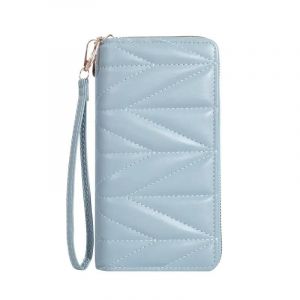 HUED-Portefeuille long matelass&eacute; &agrave; la mode pour femmes, pochette &agrave; fermeture &eacute;clair autour du porte-monnaie, sac pour t&eacute;l&eacute;phone portable &agrave; fentes multiples pour cartes-Bleu - Neuf