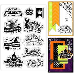 Tianyi-Tampons Transparents Bannière D'halloween Halloween Chapeau De Sorcière Tampons Halloween Allemagne Texte Tampons Silicone Pour Bricolage Scrapbooking Cartes Décoratives 6.3x4.33 Pouce - Neuf
