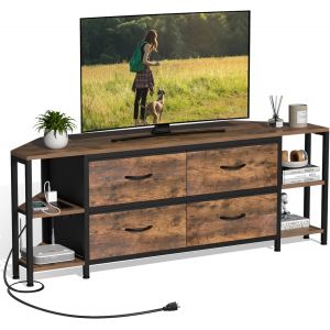 Ulteronixshop-Farmhouse Meuble TV d'angle avec 4 tiroirs et prise de courant - Meuble TV industriel pour TV jusqu'&agrave; 55" - Meuble TV d'angle avec 4 compartiments ouverts - Commode d'angle pour salon - Neuf