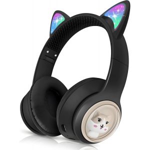 AYU-Casque Audio Enfant Bluetooth, 85dB Casque sans Fil pour Enfant, Pliable Supra-Auriculaires Écouteurs sans Fil et Filaire avec LED Oreille de Chat et Micro pour Garçon/Fille/Tablette/PC-Noir - Neuf