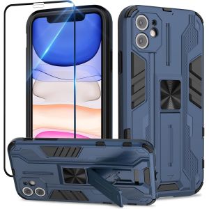 Kal-Coque Pour Iphone 11 Avec Verre Trempé, Outdoor Antichoc De Qualité Militaire Coque Avec Béquille Anti Rayure, Compatible Support De Voiture Magnétique - Bleu - Neuf